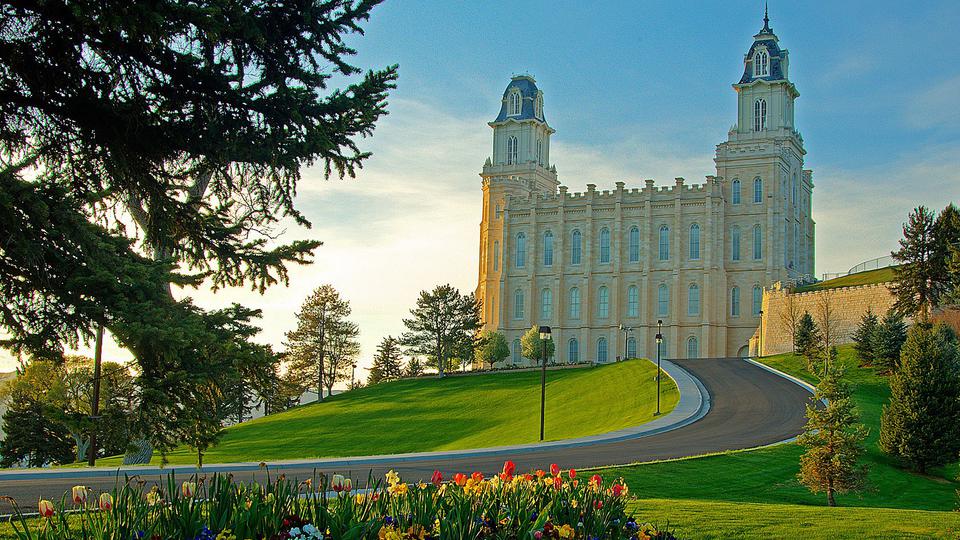 The Manti Utah Temple on the hill above town