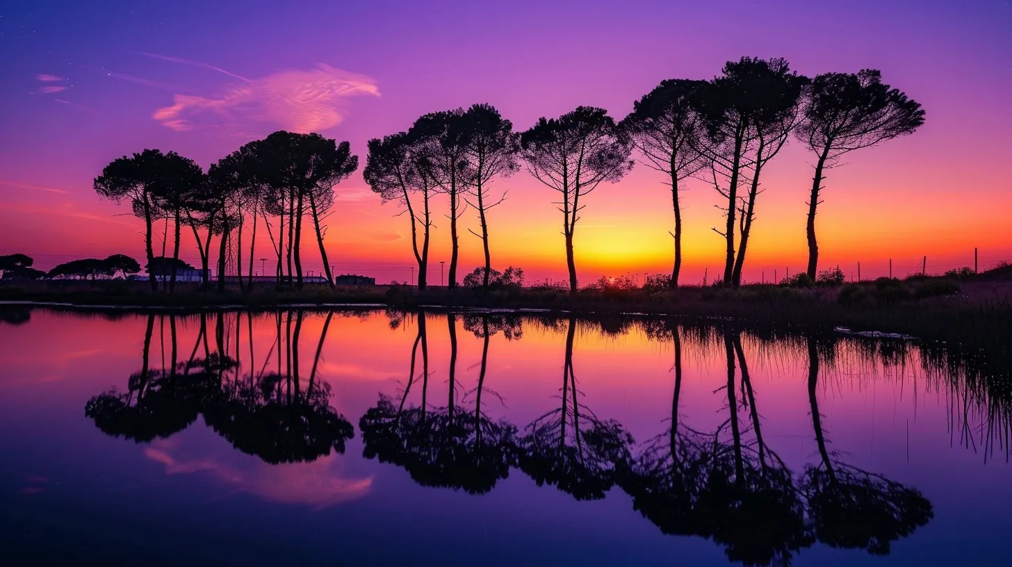 a breathtaking sunset casts vibrant hues of orange and purple across a tranquil lake, reflecting the silhouettes of towering pine trees against a serene backdrop.