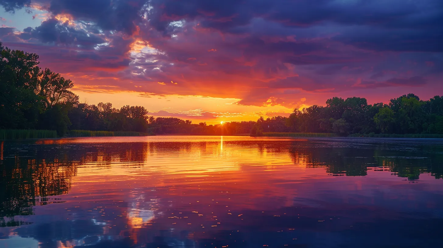 a breathtaking sunset casts vibrant hues of orange and purple across a tranquil lake, reflecting the serene beauty of nature's transition from day to night.