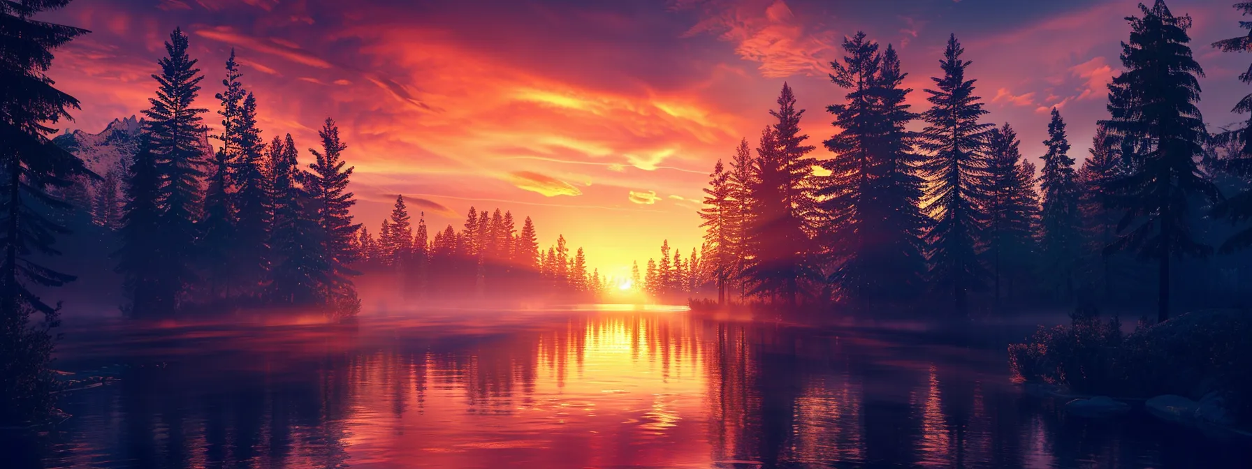 a breathtaking sunset illuminates a tranquil lake, casting vibrant hues of orange and pink across the shimmering water, framed by towering pine trees that silhouette against the dusky sky.