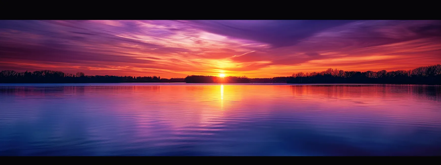 a breathtaking sunset paints the sky in vibrant hues of orange and purple as it reflects off a tranquil lake, evoking a sense of serenity and wonder.