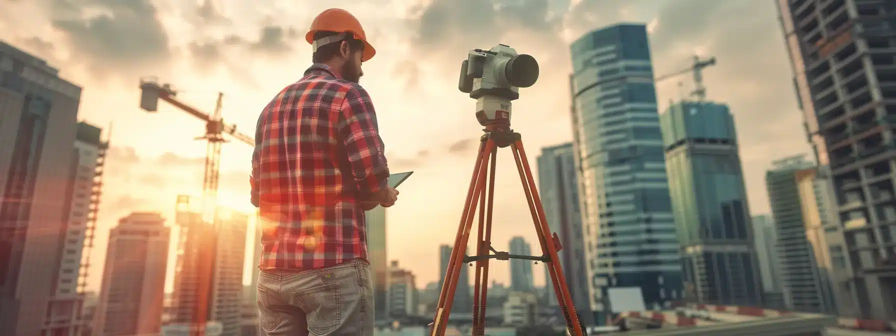 a focused land surveyor stands confidently in a modern urban setting, surrounded by intricate surveying equipment and digital tablets, showcasing precision and expertise in a bustling city landscape.