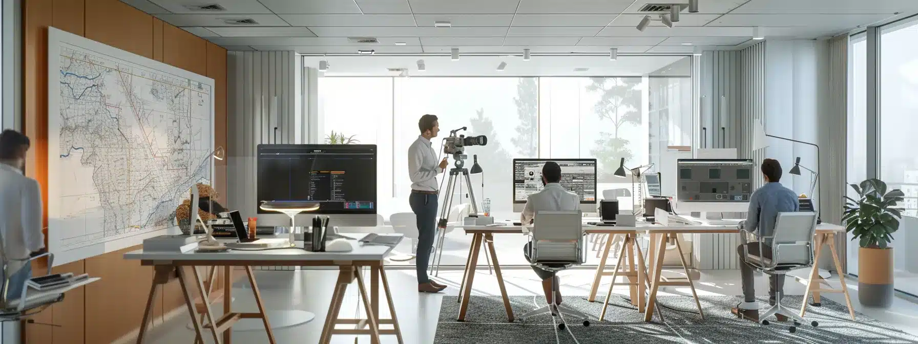 a modern urban office space showcases a focused land survey team utilizing advanced surveying equipment, surrounded by detailed blueprints and high-tech monitors displaying topographic maps, emphasizing the precision and innovation in land surveying.