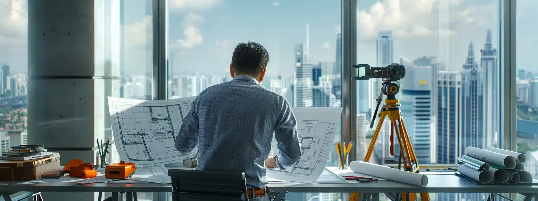 a professional land surveyor is meticulously analyzing a detailed blueprint on a sleek, modern office desk surrounded by advanced surveying equipment, with large cityscape windows showcasing an urban skyline in the background.
