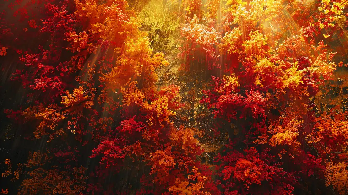 a vibrant autumn forest, illuminated by golden sunlight filtering through the colorful foliage, creates a captivating tapestry of rich reds, oranges, and yellows that invites exploration.