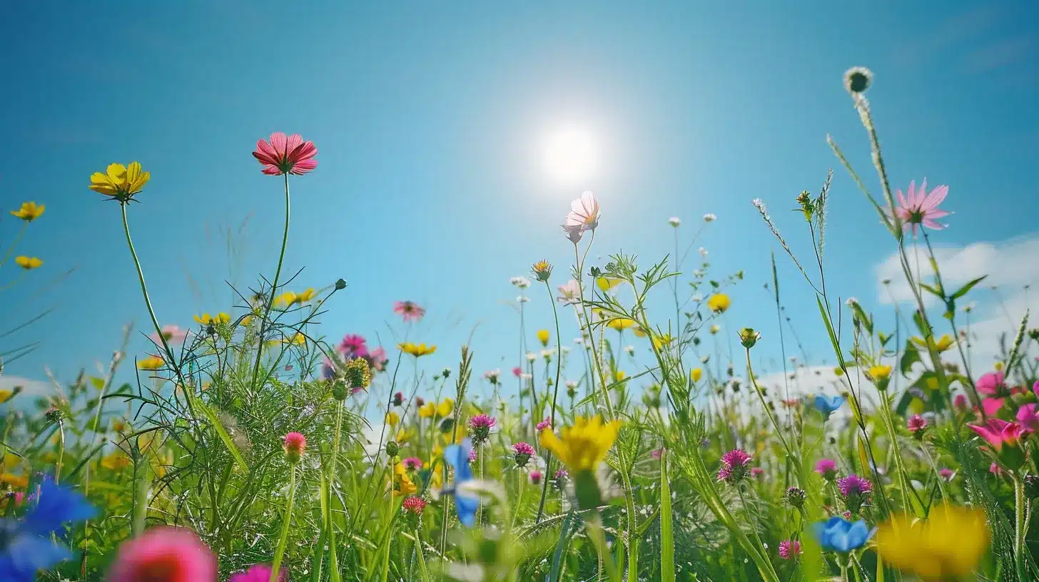 a vibrant, sun-kissed meadow bursts with colorful wildflowers under a clear blue sky, evoking a serene, idyllic atmosphere.