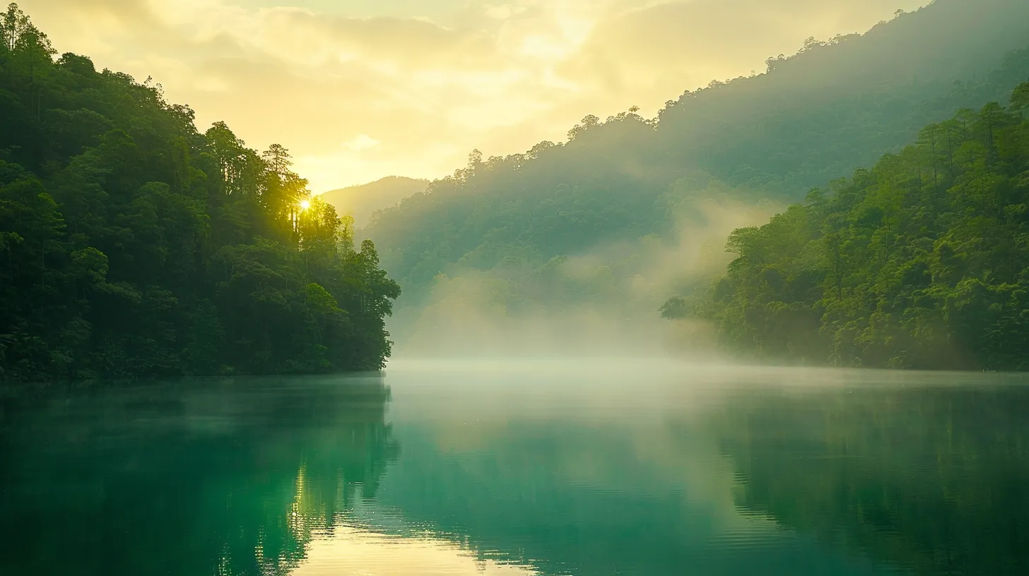 a vibrant sunrise casts golden light over a serene lake, with mist rising from the calm surface, reflecting the lush, emerald-green surrounding forest.