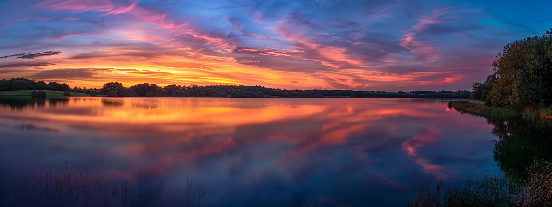 a vibrant sunset casts a warm golden glow over a tranquil lake, reflecting the vivid hues of orange and pink that blend seamlessly into the serene blue sky.