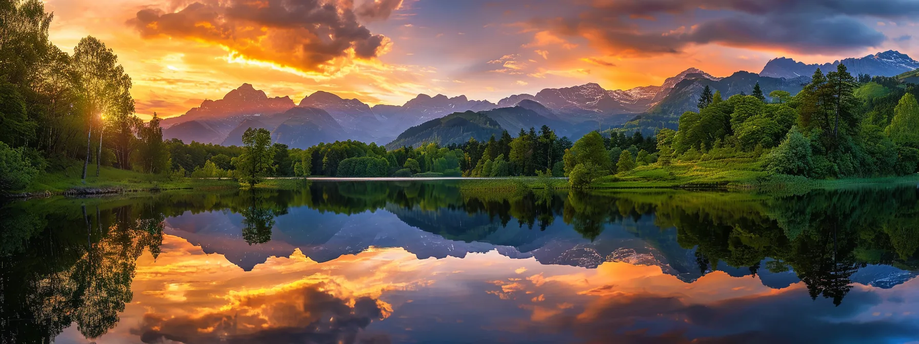 a vibrant sunset casts a golden hue over a tranquil lake, reflecting the surrounding lush greenery and distant mountains in striking clarity.