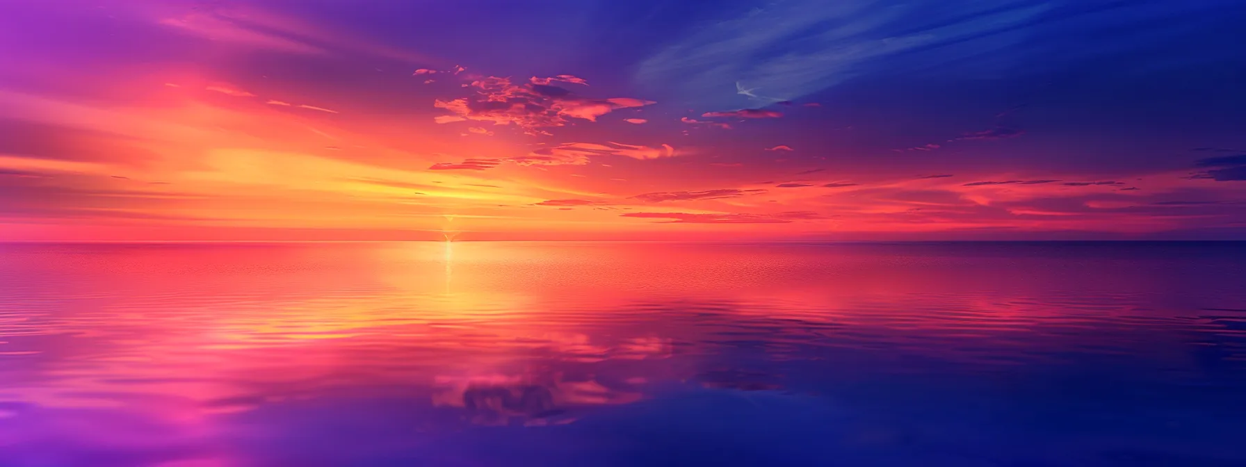 a vibrant sunset paints the horizon with deep oranges and purples over a serene lake, as wispy clouds reflect the brilliant colors, creating a tranquil and mesmerizing atmosphere.