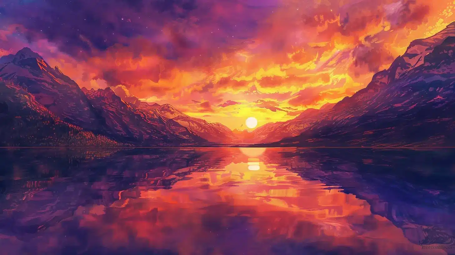 a breathtaking sunset paints the sky in vivid hues of orange and purple above a tranquil lake, reflecting the vibrant colors and creating a serene atmosphere.