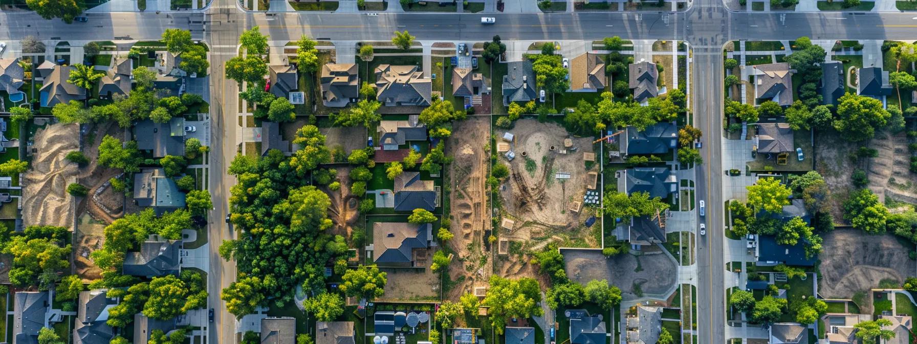 a detailed aerial view of a bustling urban property development site showcasing survey markers, measuring equipment, and construction plans, symbolizing the critical importance of land surveys before purchasing property.