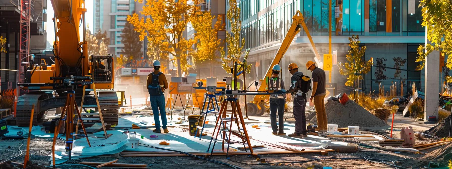 a dynamic urban scene showcases a team of professional land surveyors using advanced equipment in the bustling nephi community, with construction plans and maps spread out on a sleek table amidst a backdrop of ongoing development projects.