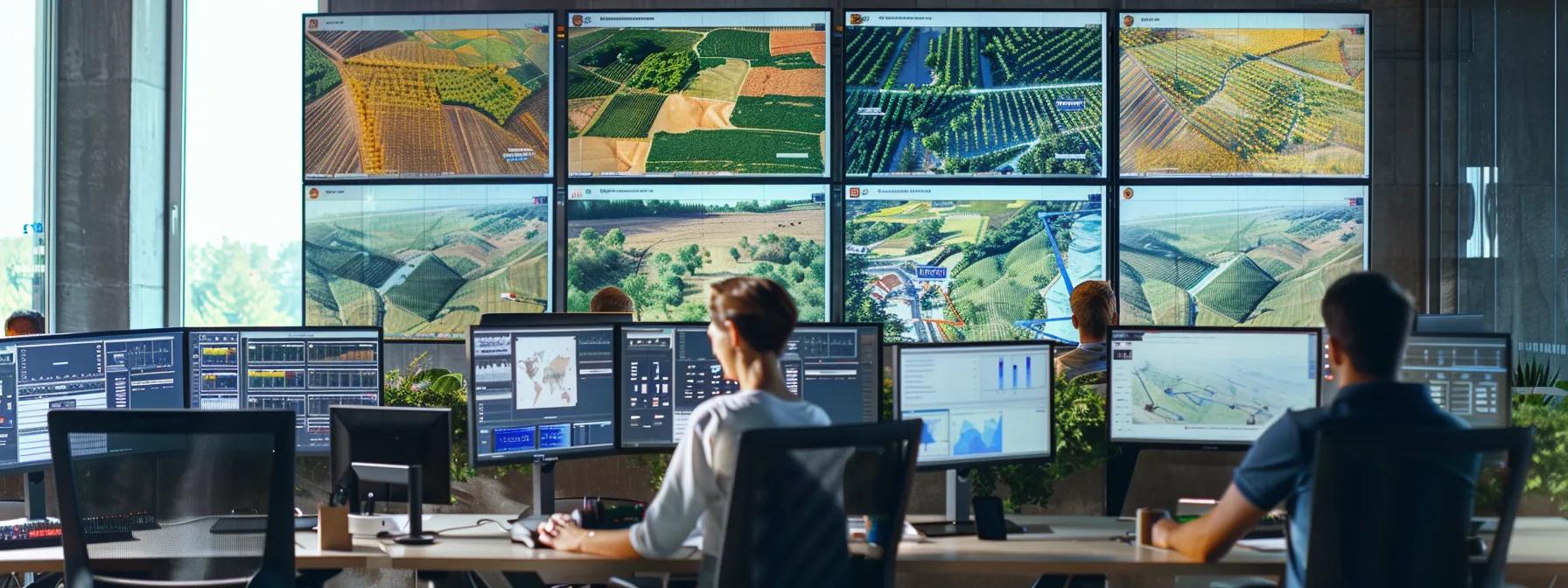 a high-tech office environment showcases a team of professionals engaged in an agricultural land survey analysis, with large digital displays depicting detailed maps and data visualizations relevant to crop planning and resource management in nephi.