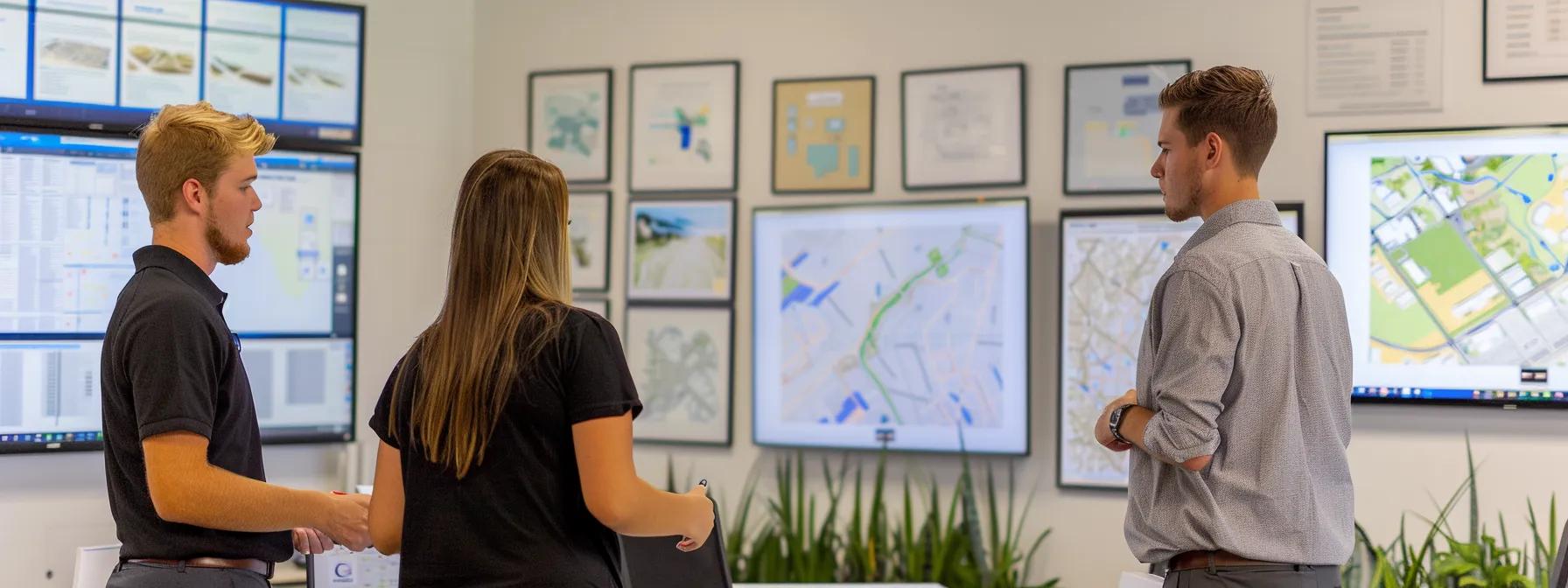 a modern real estate office setting with a professional surveying team engaged in a detailed discussion over large property maps and high-tech equipment, highlighting the importance of land surveys in identifying easements and encroachments before purchasing property.