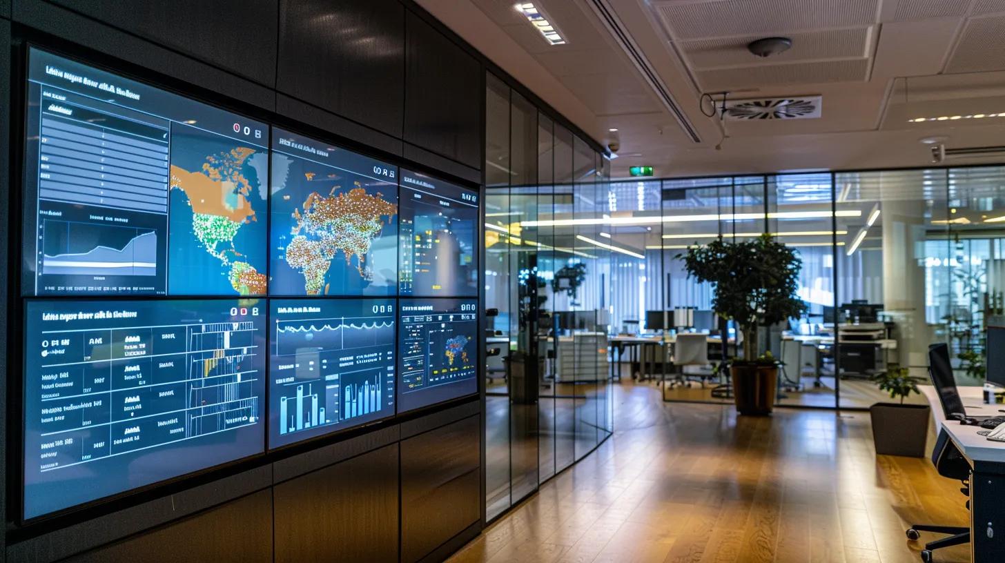 a polished office workspace displays a large digital screen featuring a detailed land survey cost breakdown infographic, illuminated by sleek overhead lighting, emphasizing precision and professionalism in construction estimates.