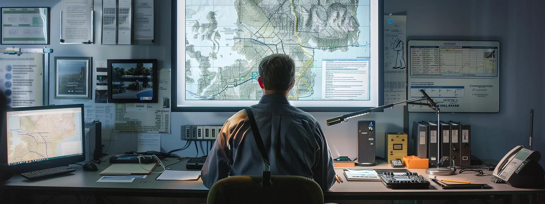 a professional land surveyor is intently analyzing a detailed alta/nsps survey map in a modern office, surrounded by high-tech equipment and large display screens, highlighting the importance of precise land acquisition planning.