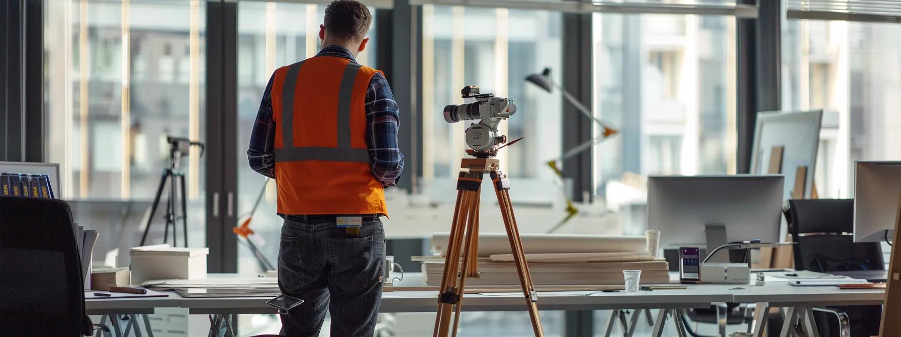 a professional land surveyor meticulously examines property boundaries using high-precision instruments in a modern urban office, highlighting the importance of accurate mapping to prevent legal and financial pitfalls for prospective buyers.