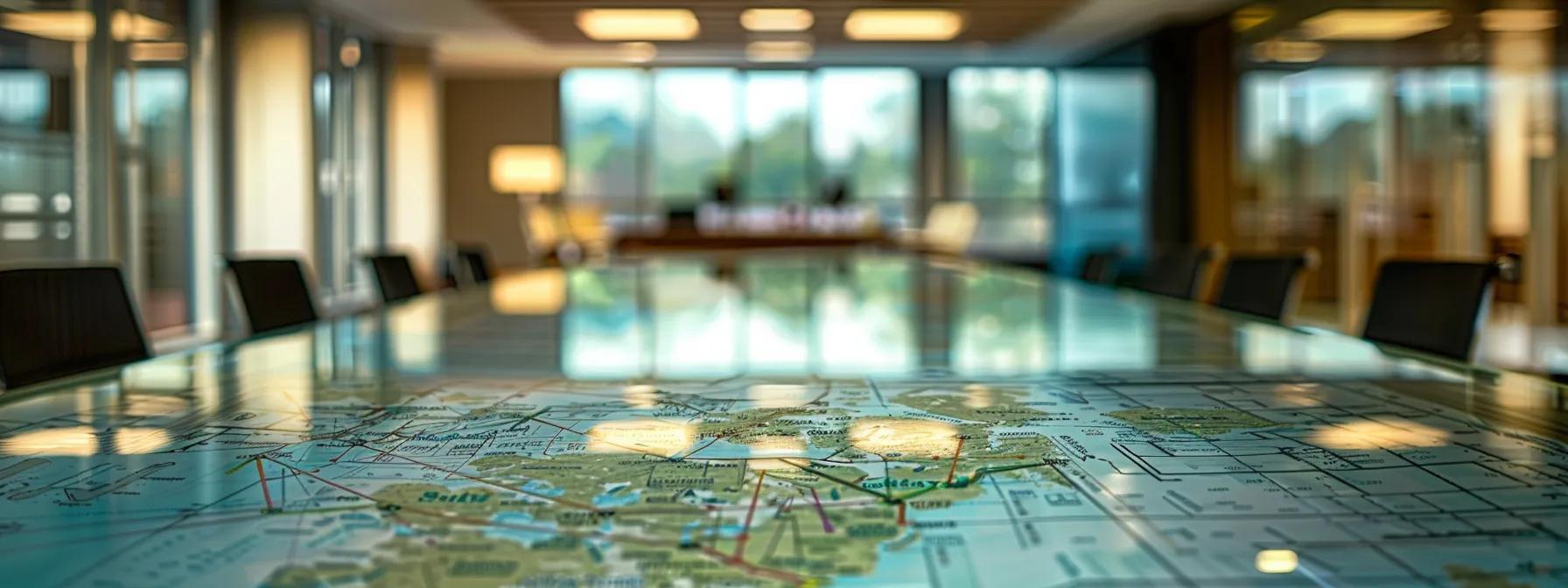 a professional office setting showcases a detailed alta land survey laid out on a sleek conference table, with sharp focus on the intricate diagrams and annotations, illuminated by bright overhead lights to emphasize its importance in commercial real estate transactions.
