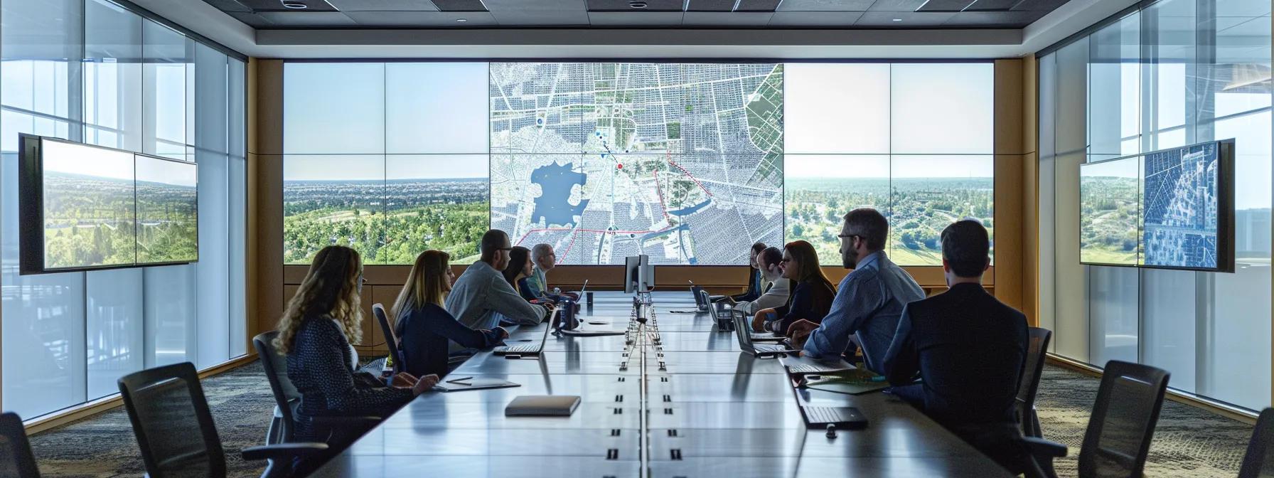 a sharply focused, modern office conference room showcases a large table surrounded by attentive professionals engaged in a strategic discussion, with detailed land survey maps and digital devices prominently displayed to emphasize the critical timing and planning of property purchases.