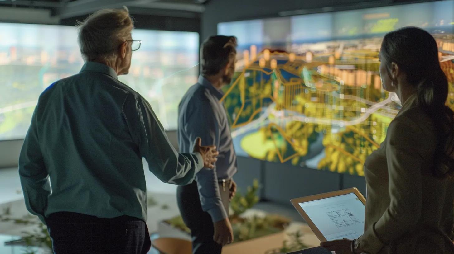 a sleek, modern office environment showcases a diverse team engaged in a dynamic discussion over a large digital tablet displaying a detailed land survey cost breakdown, highlighted by vibrant visuals and analytical graphs.