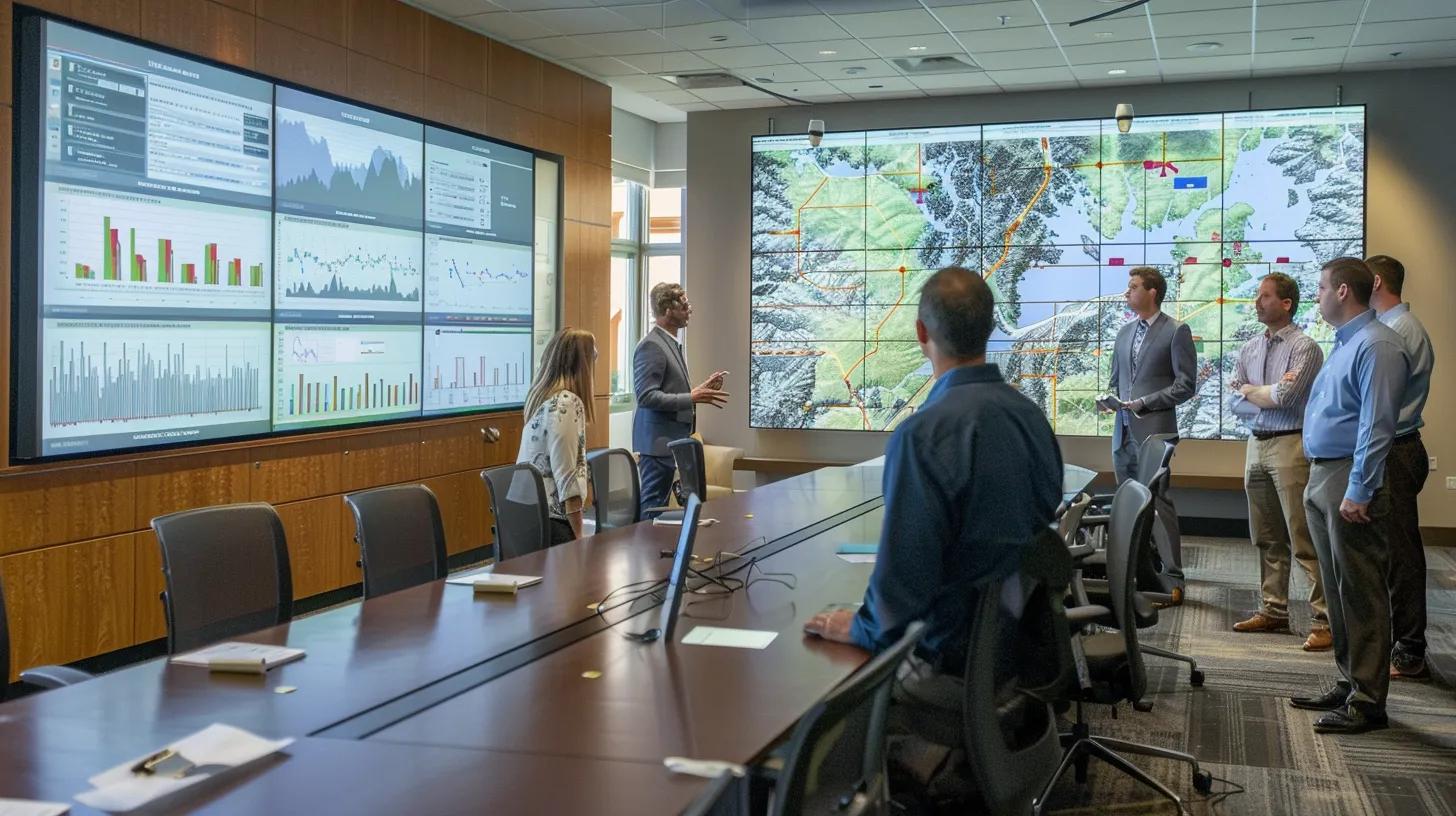 a sophisticated office setting showcases a presentation screen displaying various land survey types, with detailed charts and cost structures clearly visible, as a group of professionals engaged in discussion around a sleek conference table.