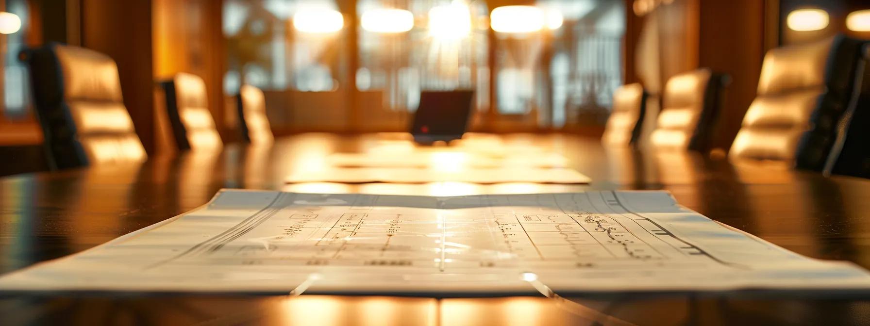 a professional setting featuring a close-up of a property survey report spread across a sleek conference table, illuminated by warm office lighting, with architectural blueprints and a laptop in the background, emphasizing the critical evaluation of land boundaries and potential easements.