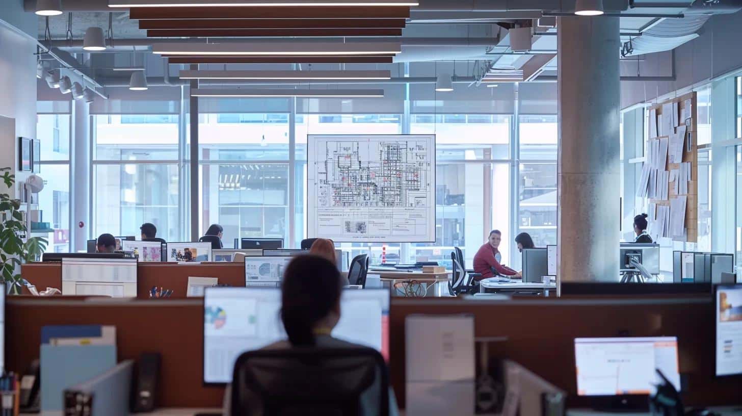 a dynamic office environment showcases a diverse team of professionals analyzing complex project blueprints and survey data on large screens, emphasizing the intricate relationship between project size, scope, and associated costs.