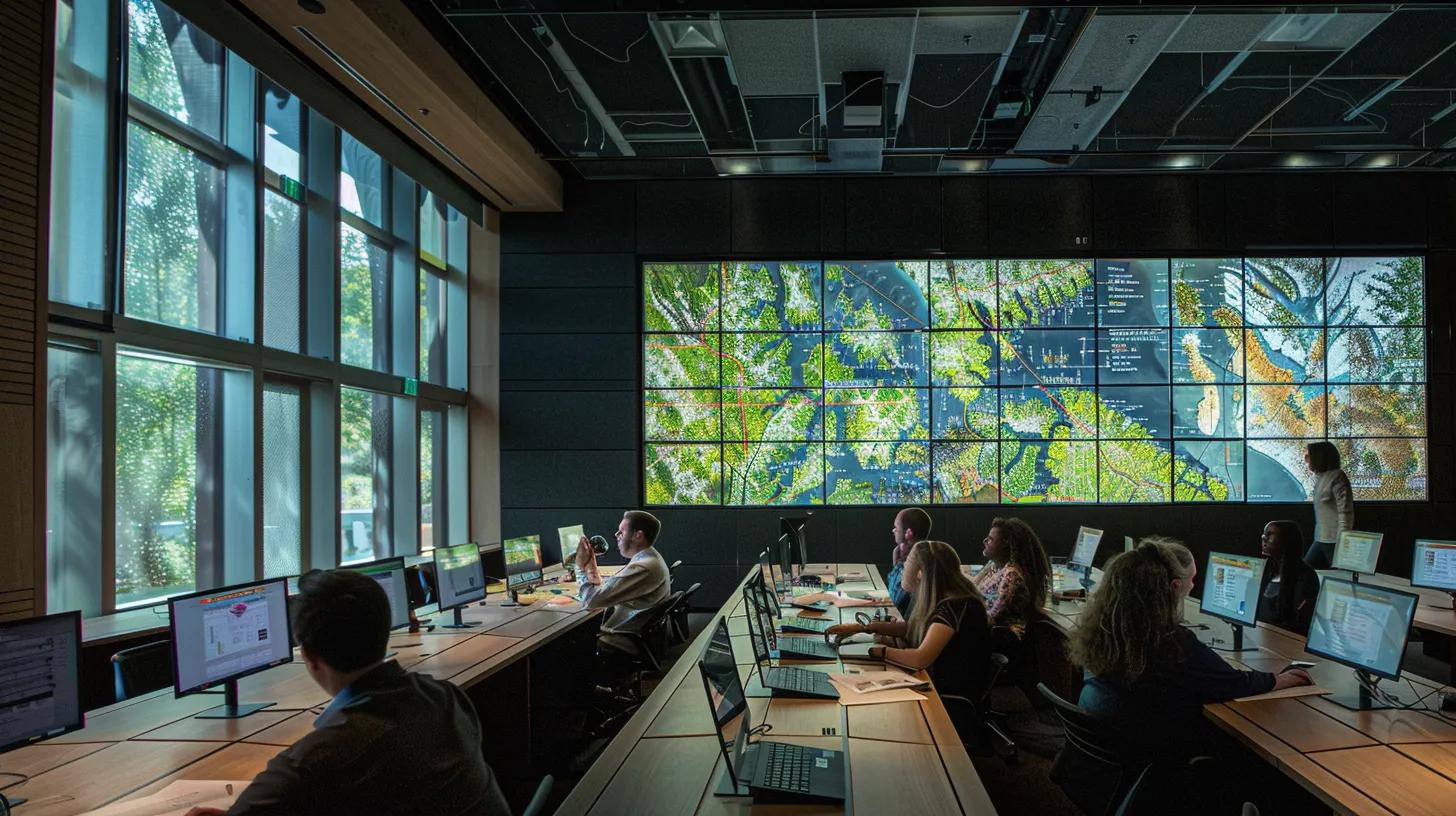 a sleek, modern conference room filled with diverse professionals examining detailed survey maps and pricing charts on a large digital screen, emphasizing strategic discussion on the impact of different survey types on pricing strategies.