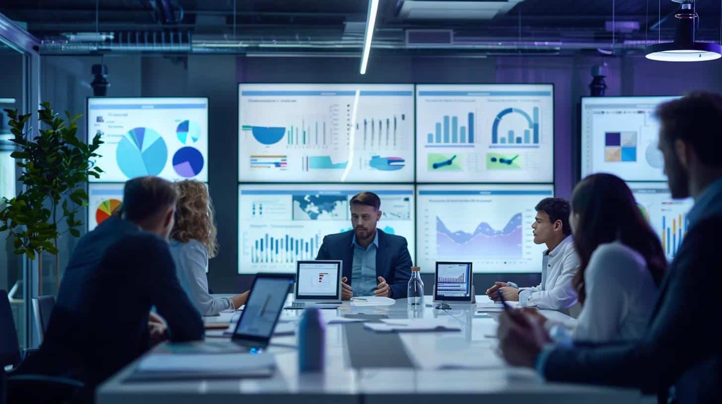 a sleek, modern office space features a busy conference table surrounded by professionals animatedly discussing vibrant charts and digital tablets displaying land survey pricing comparisons, illuminated by bright overhead lighting for a dynamic atmosphere.