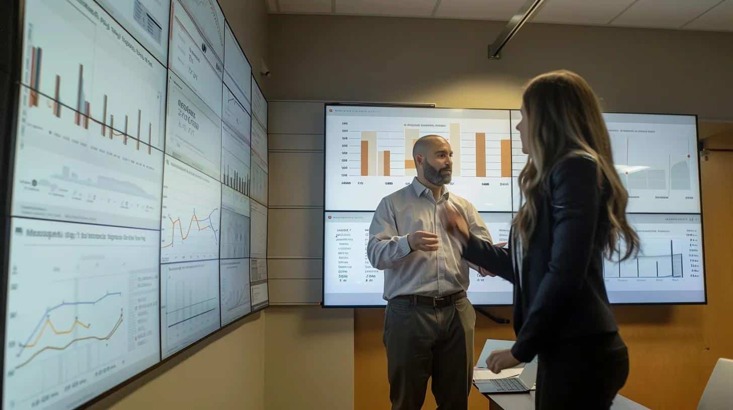 a sophisticated office setting features a seasoned surveyor engaged in a detailed discussion with a client, illuminated by focused overhead lighting that highlights their confident expressions and the intricate pricing chart displayed on a digital tablet.