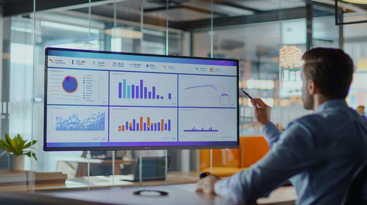 a modern, sleek office workspace features a large digital screen displaying a detailed infographic of various commercial survey types and their fee structures, with a professional seated nearby analyzing the data intently.