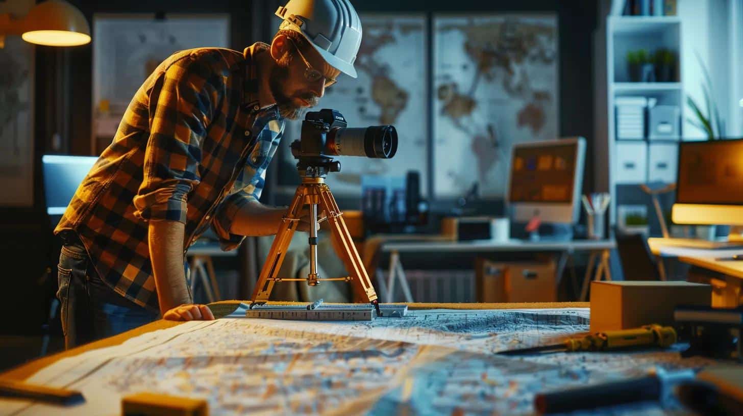 a professional land surveyor examines a detailed topographical map in a modern office, surrounded by high-tech surveying equipment and data analysis tools, highlighting the complexities of property assessment.
