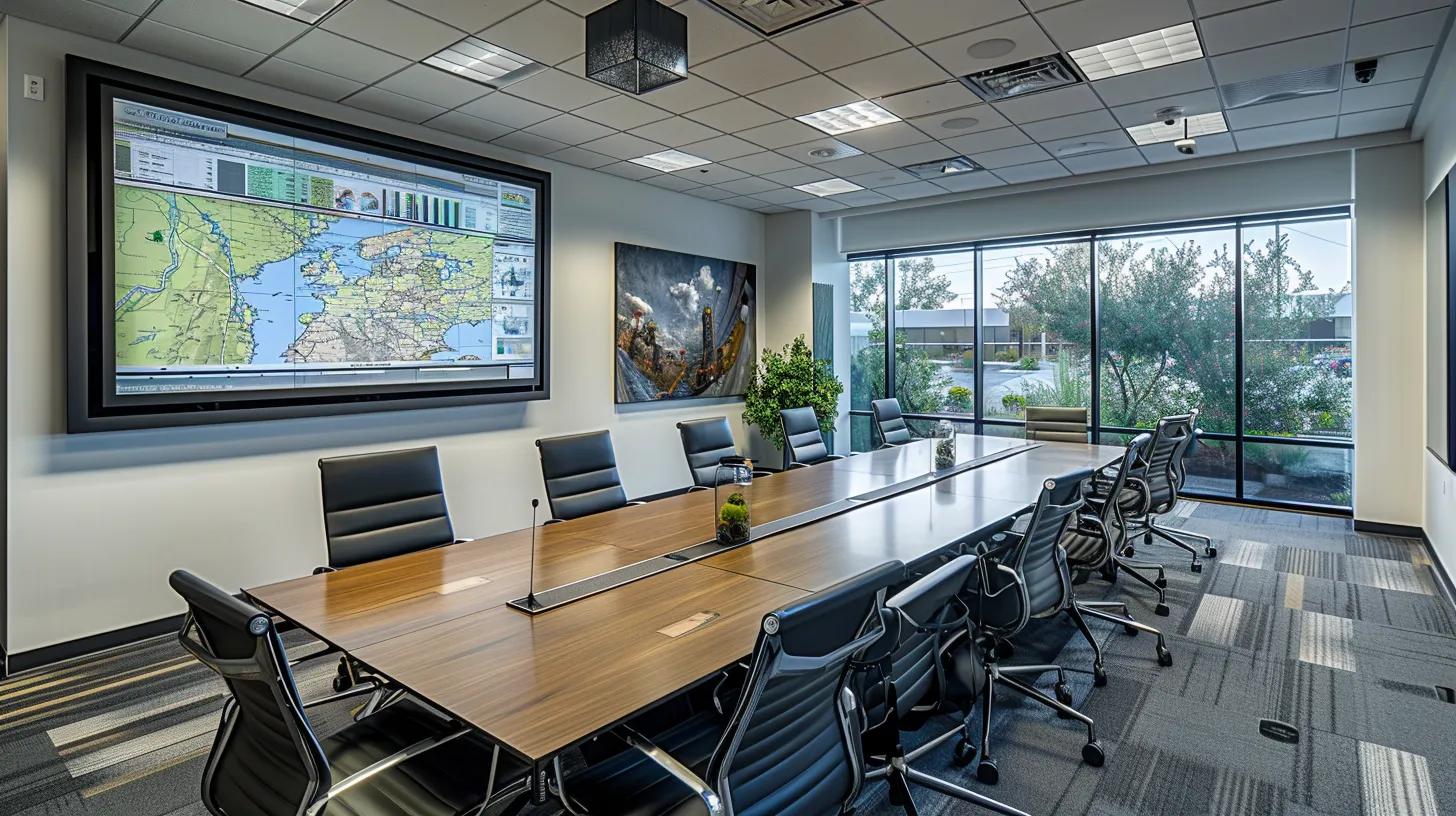 a sleek, modern office conference room features a large table with detailed maps and surveying equipment, showcasing the essential components of commercial land survey fees in a professional and analytical atmosphere.