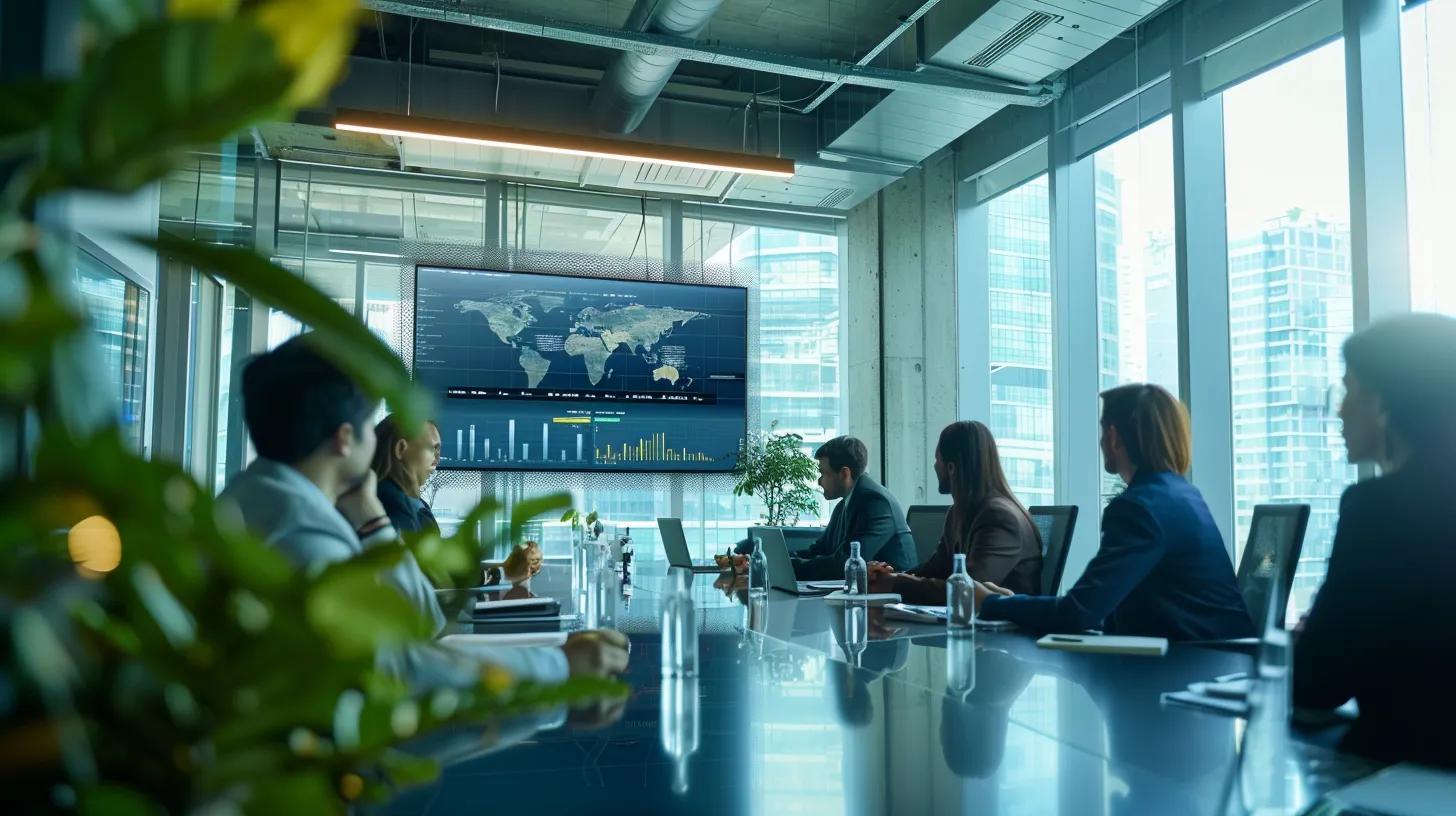 a sleek urban office boardroom with a detailed digital presentation on commercial land survey fees prominently displayed on a large screen, surrounded by professionals engaged in a focused discussion.