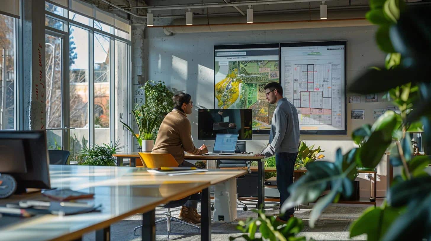a focused, modern office environment showcases professionals engaged in a dynamic discussion around blueprints and digital maps, illustrating the intricate multi-stage process of land surveying and its impact on pricing.
