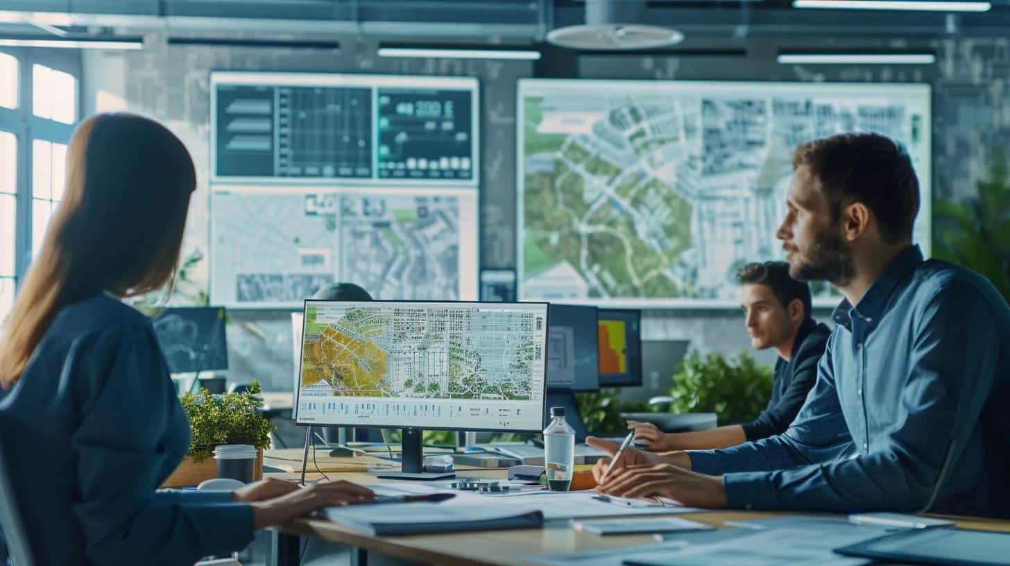 a focused urban office scene showcases a diverse team of professionals engaged in a serious discussion over complex land survey regulations, surrounded by documents and digital screens displaying intricate maps and compliance data.