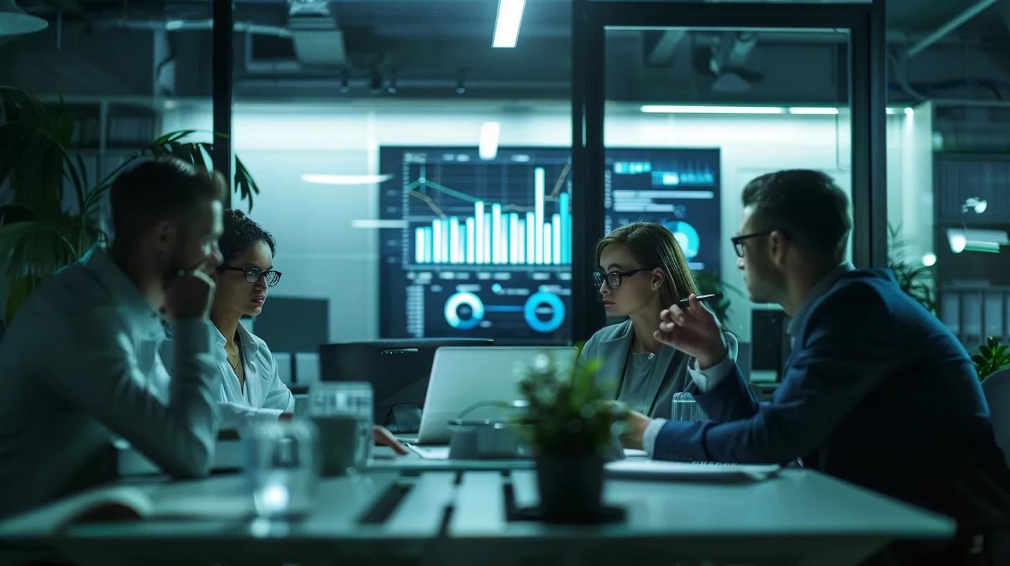 a modern office environment showcases a group of professionals engaged in an animated discussion around a conference table, illuminated by soft overhead lighting, as charts and pricing models are prominently displayed on a digital screen, emphasizing strategic negotiation and cost management in land surveying.