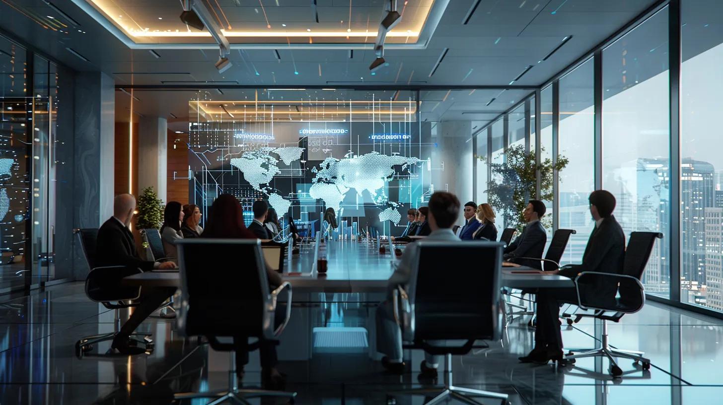 a modern office environment showcases a group of focused professionals engaging in a strategic meeting around a sleek conference table, with digital land survey plans projected on a large screen, emphasizing collaboration and efficiency in cost-saving planning for homeowners and developers.