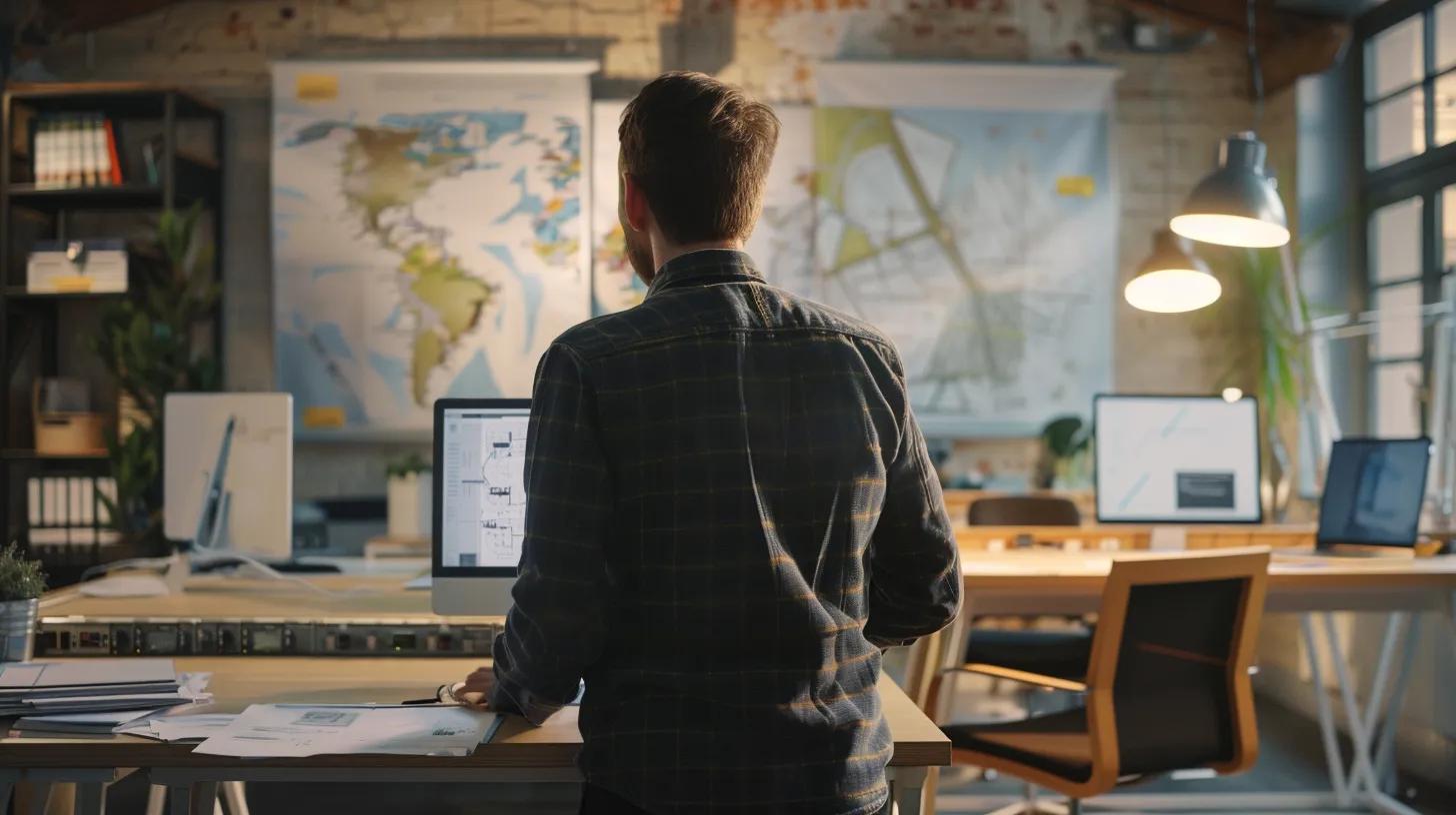 a modern office environment features a focused surveyor examining detailed site plans and digital maps on a sleek workstation, embodying the essence of affordable and reliable land surveying services.