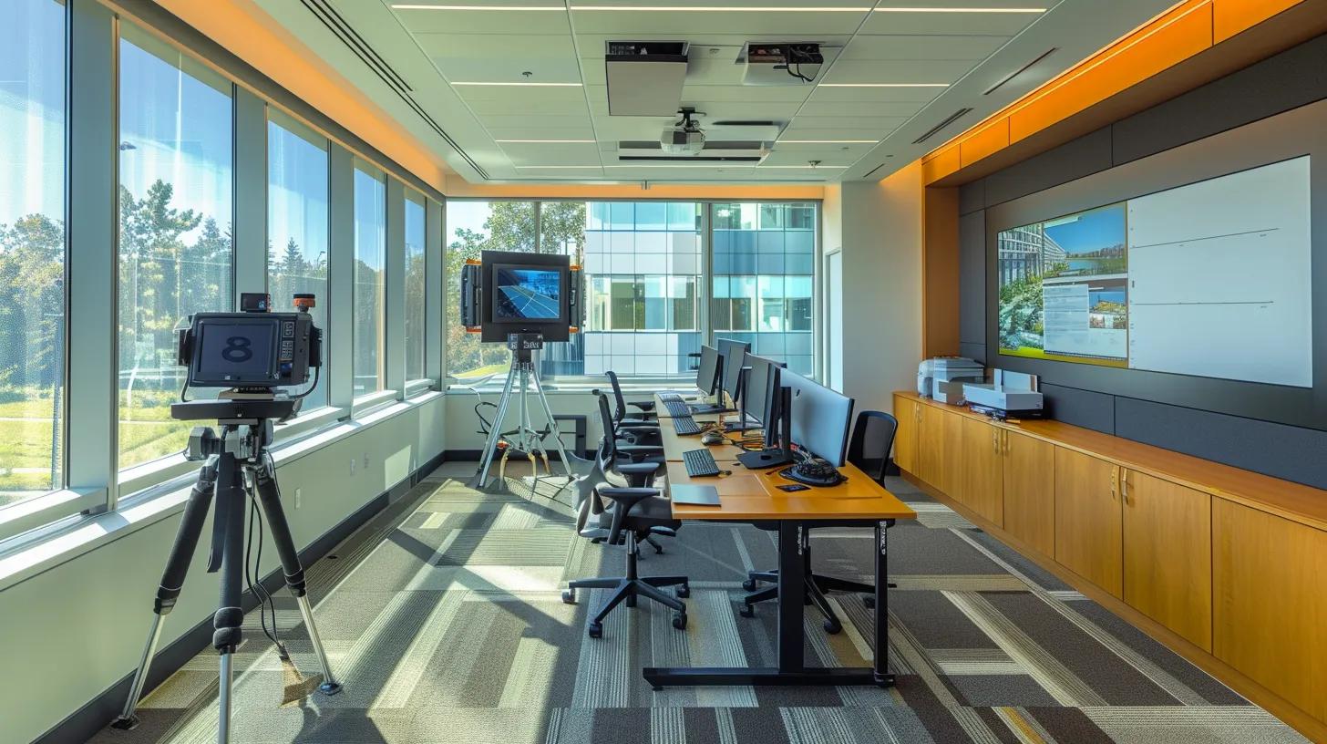a sleek, modern office space featuring a high-tech surveying setup with digital displays and advanced equipment, conveying the efficiency and speed of affordable land survey services.