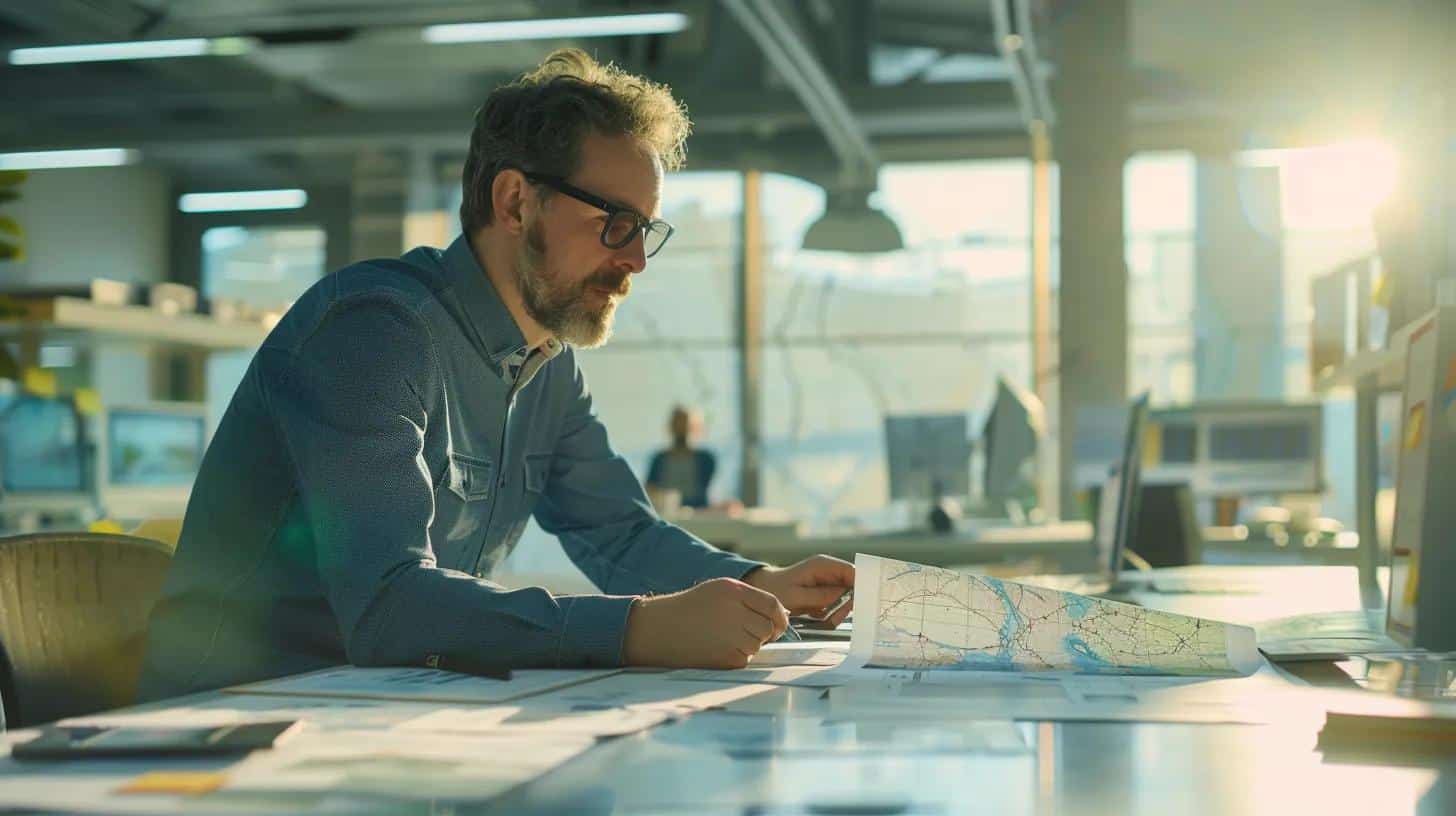a focused office scene captures a professional discussing land survey costs over a sleek conference table, with detailed maps and digital devices illuminated by bright, overhead lighting to emphasize the importance of planning and logistics.