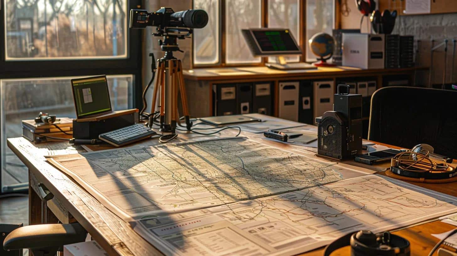 a meticulously organized office workspace features a large map spread across a table, accompanied by surveying equipment and digital devices, illustrating the detailed steps of the land survey process with an emphasis on precision and professionalism.