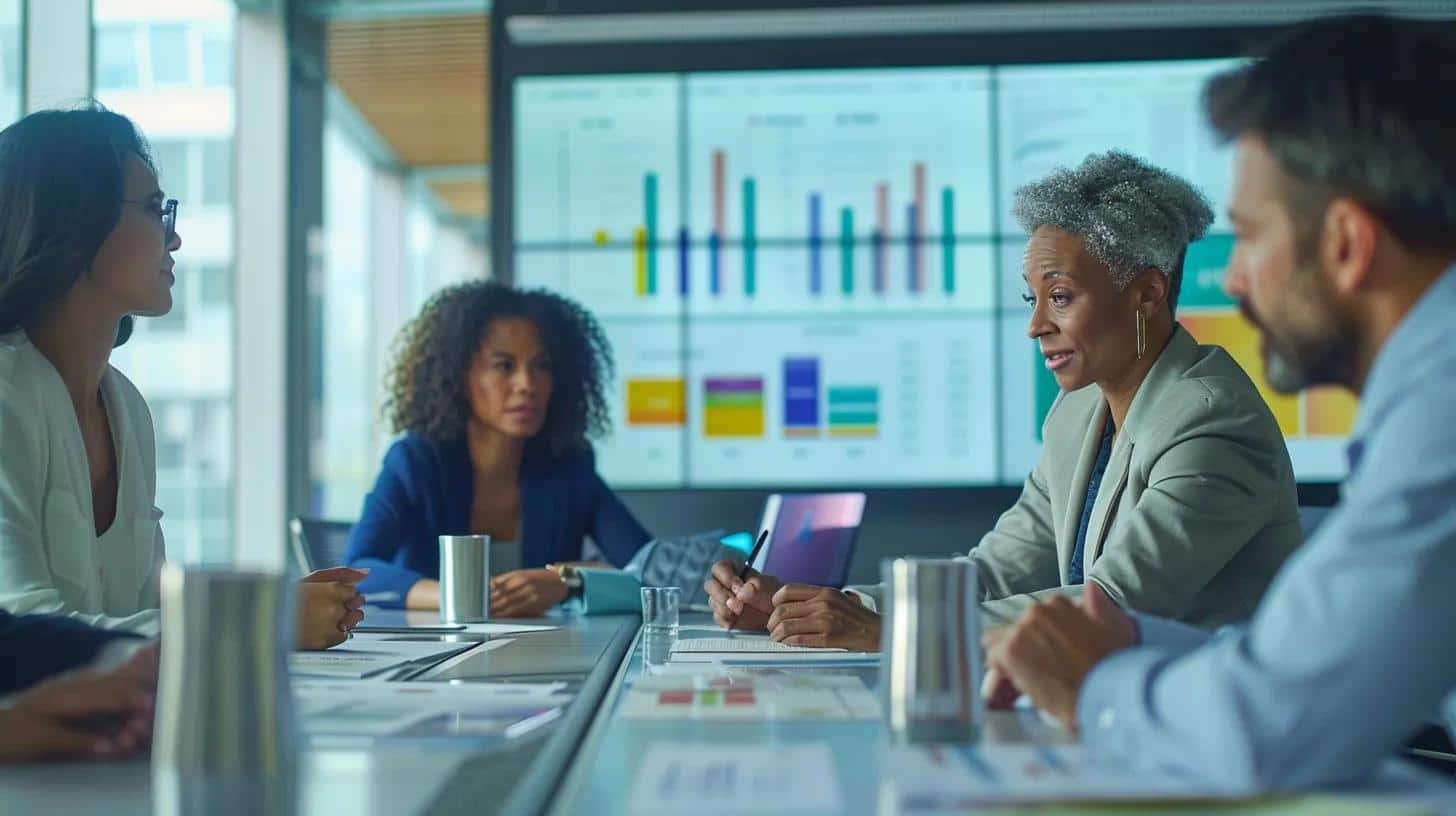 a professional office setting features a sleek conference table covered with colorful charts and graphs, as a diverse group of business professionals engages in a dynamic discussion about land survey cost variations.