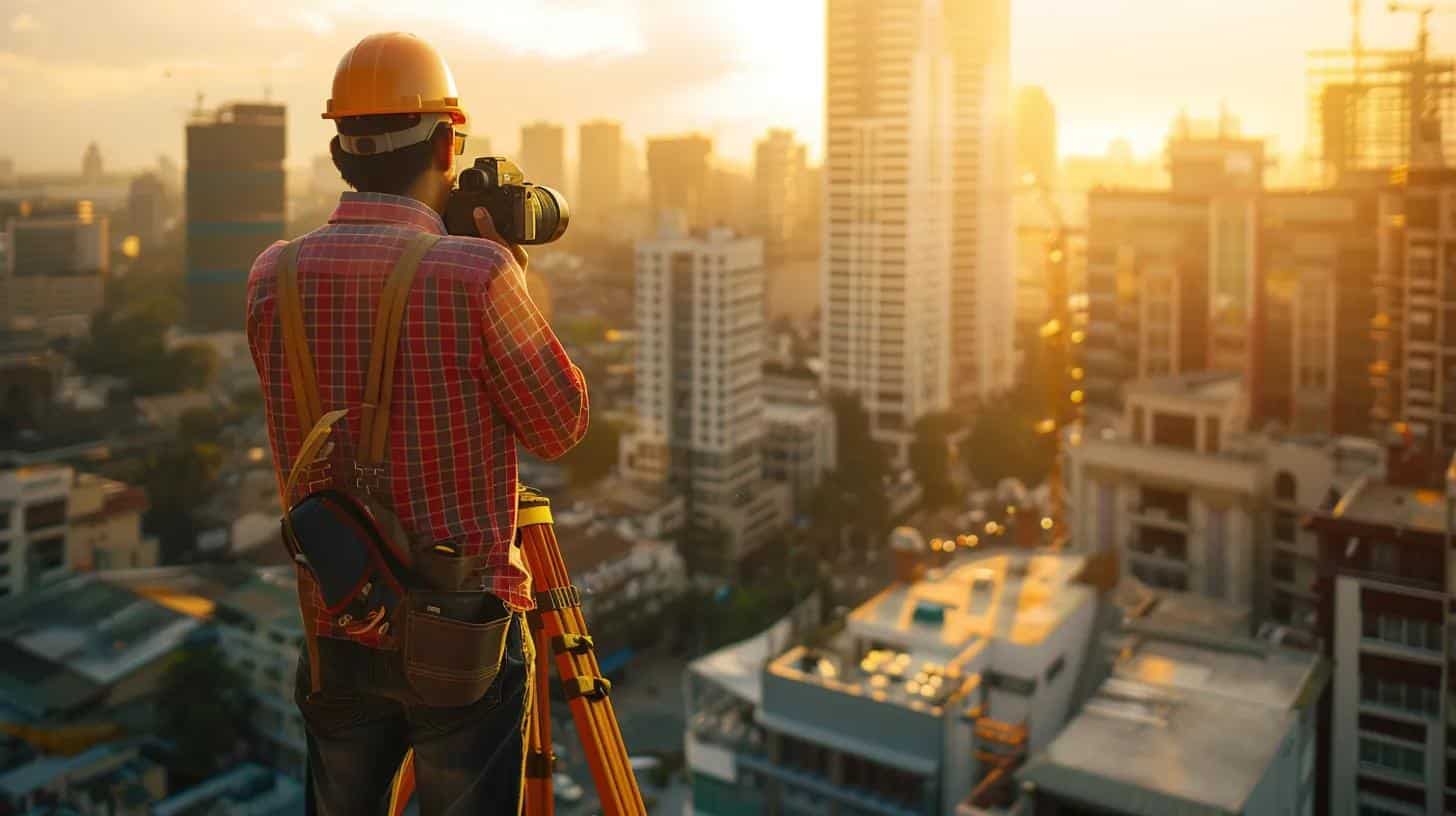 a detailed urban surveying scene captures an experienced land surveyor analyzing complex infrastructure with precision tools amidst bustling city buildings, highlighting the varying land survey costs by region and property type.