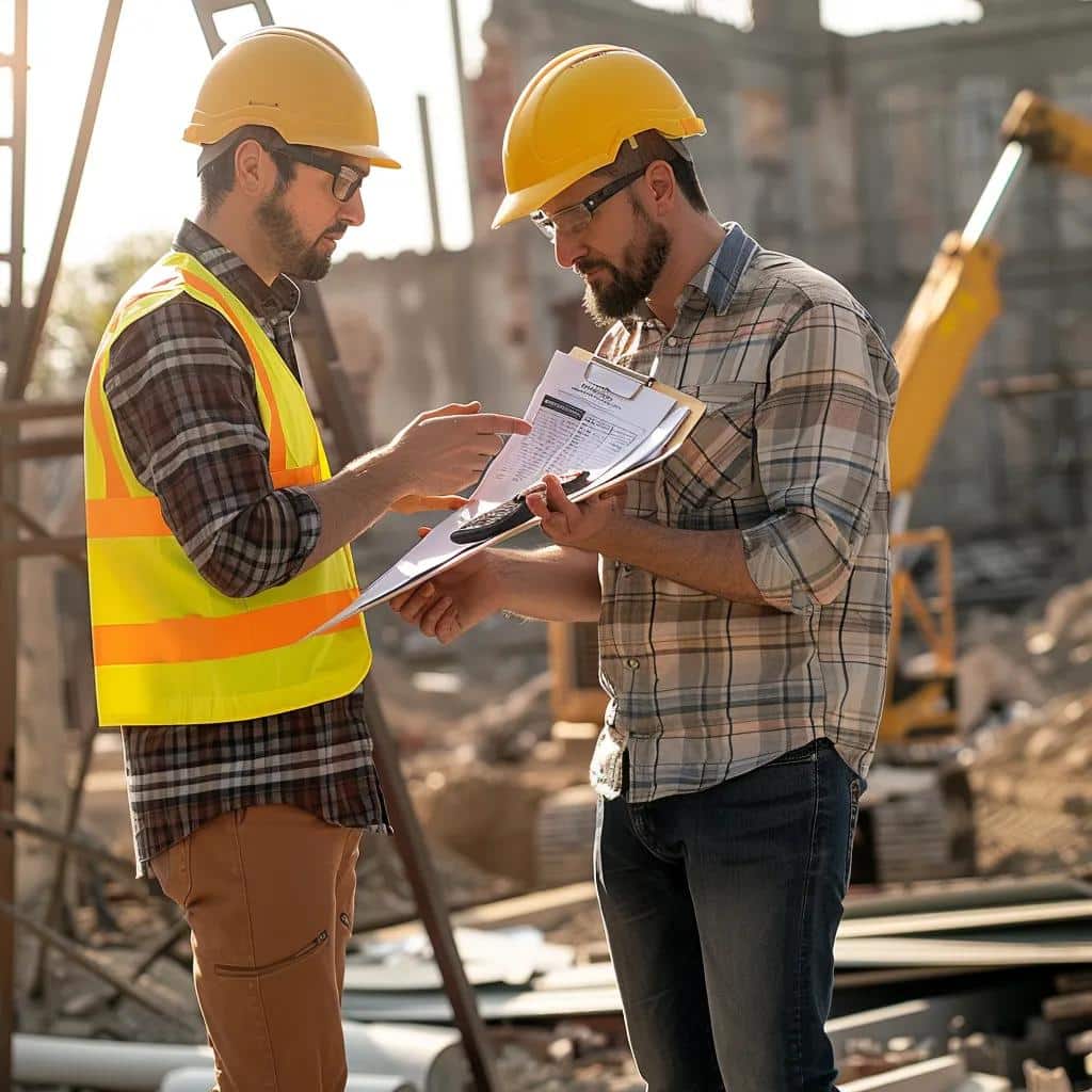 Land surveyor discussing survey costs with a client at a construction site in Juab County