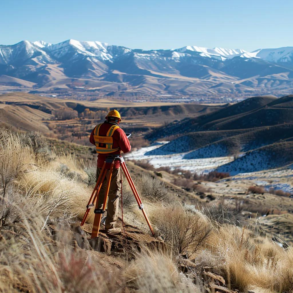 Surveyor conducting a topographic survey on hilly terrain in Utah County
