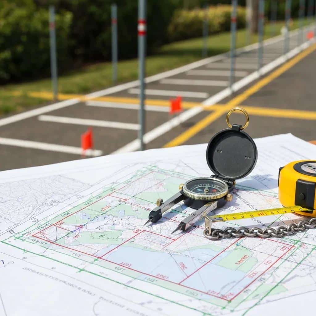 Boundary survey map with measuring tools illustrating property line definition