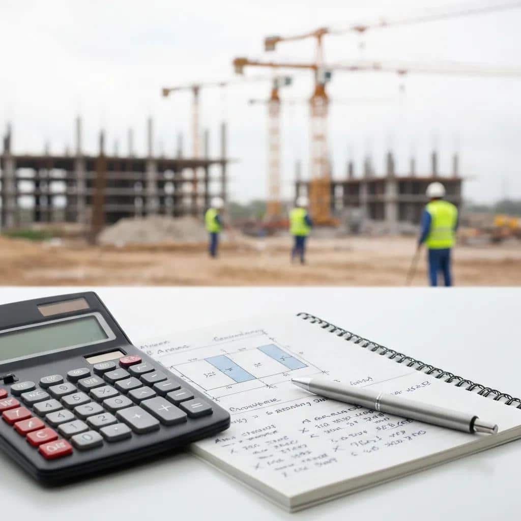 Calculator and notepad representing cost analysis for land surveying services