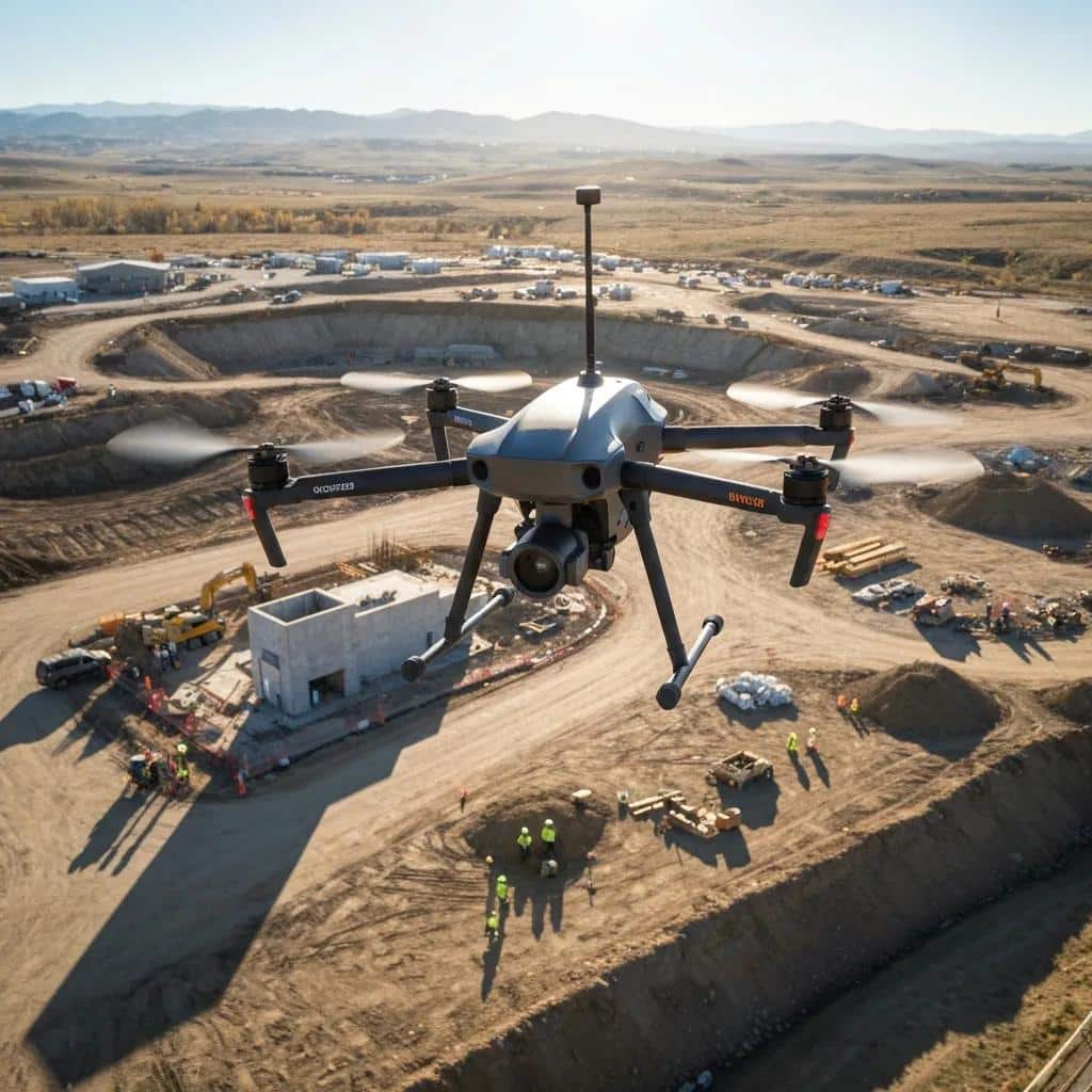 Drone capturing aerial imagery over a construction site in Utah County